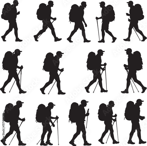 Hiker silhouette walking with backpack and trekking poles set on white background