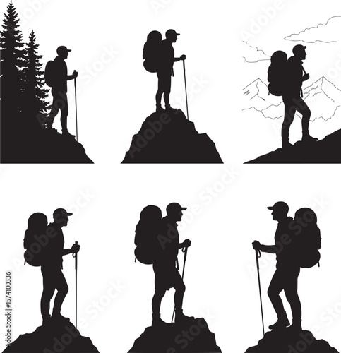 Hiker silhouettes with backpacks and trekking poles in various mountain and forest settings