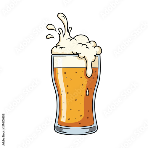 A large beer glass with a little foam overflowing. Vector flat design cartoon. AI generated images.