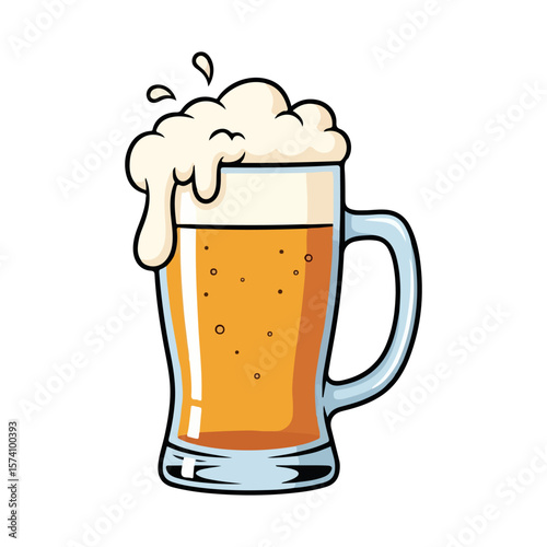 A large beer glass with a little foam overflowing. Vector flat design cartoon. AI generated images.