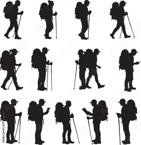 Hikers with backpacks and trekking poles silhouetted against mountain landscapes  