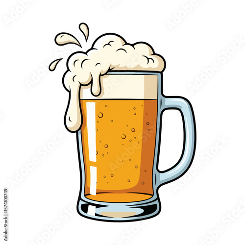 A large beer glass with a little foam overflowing. Vector flat design cartoon. AI generated images.