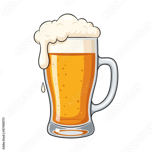 A large beer glass with a little foam overflowing. Vector flat design cartoon. AI generated images.