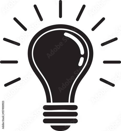 Black light bulb with radiating lines symbolizing an idea isolated on transparent background