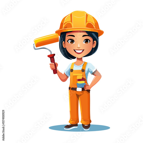 cartoon painter decorator woman and yellow construction helmet holding a paint roller,  vector icon graphic design	
