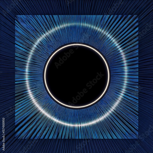 Circular glow effects integrated into deep blue striped abstract geometry.