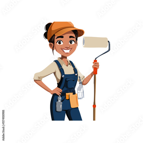 cartoon painter decorator woman holding a paint roller,  vector icon graphic design	
