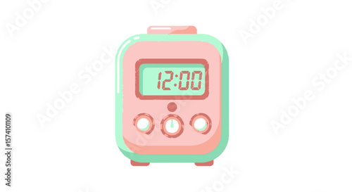 A pastel pink and mint digital clock displays midday.