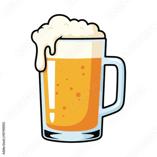 A large beer glass with a little foam overflowing. Vector flat design cartoon. AI generated images.