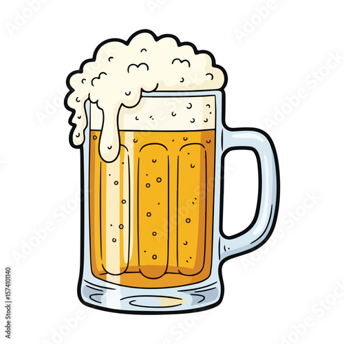 A large beer glass with a little foam overflowing. Vector flat design cartoon. AI generated images.