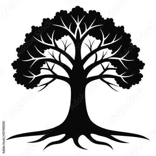 Detailed oak tree with spreading branches and visible roots