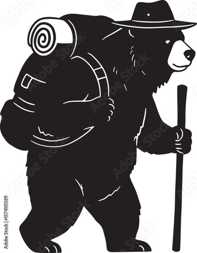 Hiking bear with backpack hat and trekking pole silhouette