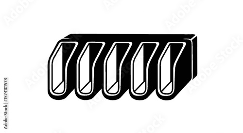 A black and white illustration of a row of urinals, side view.