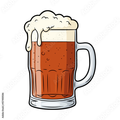 A large beer glass with a little foam overflowing. Vector flat design cartoon. AI generated images.