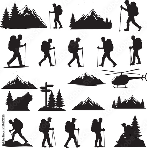 Hiking bear with backpack hat and trekking poles in forest silhouette  