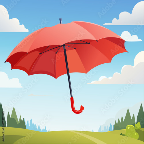 Red umbrella floating in sunny sky over green landscape