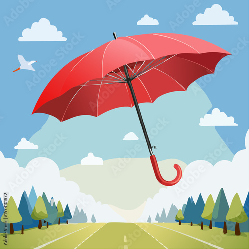 Red umbrella floating above country road symbolizing insurance and protection