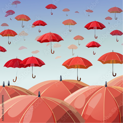 Red umbrellas floating in the sky over a crowd of umbrellas