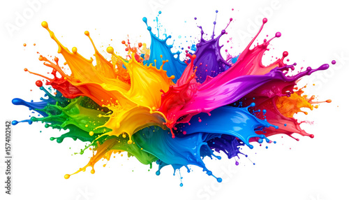 Abstract watercolor splashes create a bright and colorful background with artistic paint texture and rainbow pattern on a white background