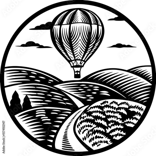 A hot air balloon floating over rolling hills road transparent SVG vector black and white