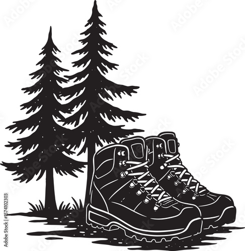 Hiking boots shoes trekking footwear pine trees