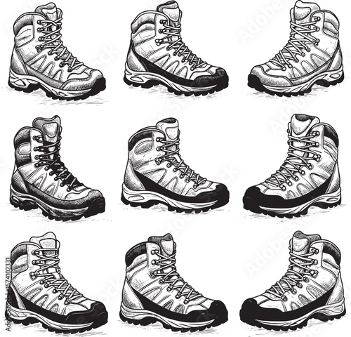 Hiking boots shoes trekking footwear set sketch
