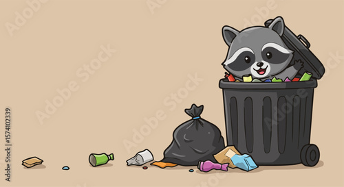 Cute Raccoon in a Trash Can with Scattered Garbage