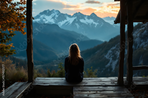 Woman on Wooden Deck with Mountain View Contemplation and Reflection