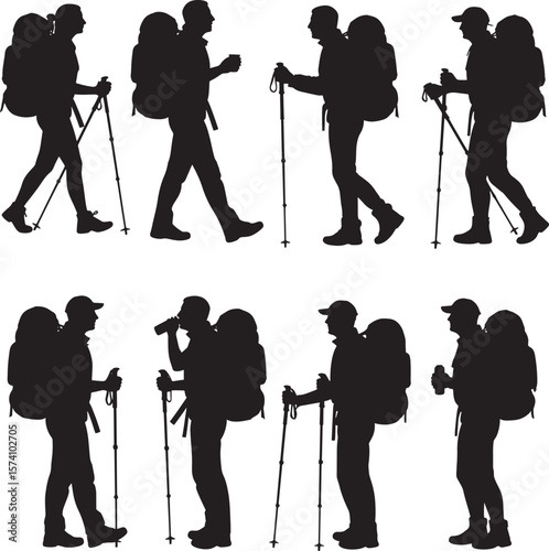 Hiking men and women with backpacks and poles on white background
