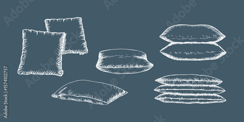 Pillows for bedding, collection of hand drawn outline illustrations. Sketch drawings of cushion, home textiles, bedroom items, comfortable home, hotel decor. Vector line art clipart, isolated