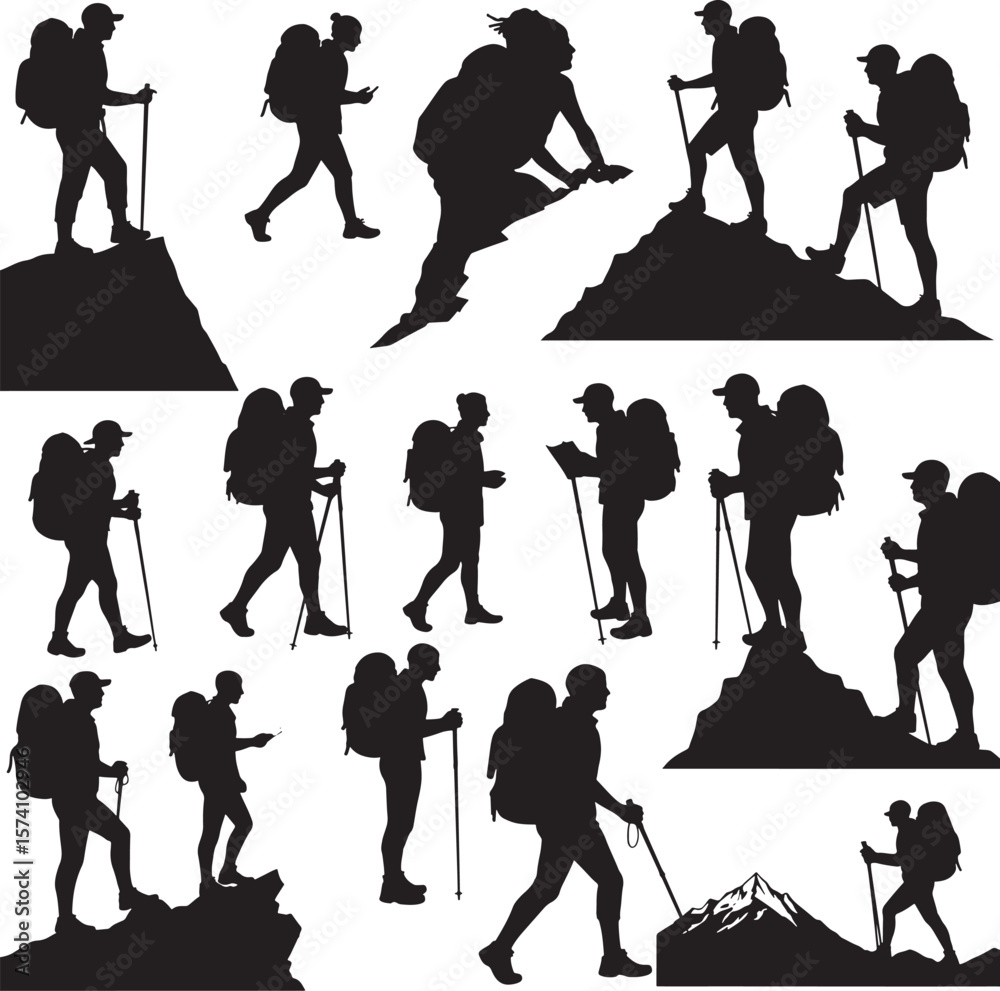 Obraz premium Mountain hikers and trekkers climbing with backpacks and poles in various poses