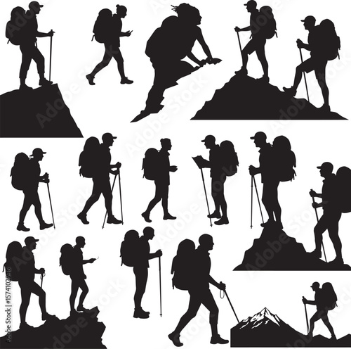 Mountain hikers and trekkers climbing with backpacks and poles in various poses