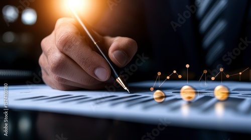 Business professional analyzing financial report with charts and graphs holding pen in hand at office desk during meeting. A diligent worker examines key performance indicators using
