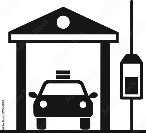 Drive-through COVID testing booth with a nasal swab symbol