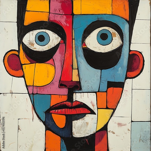Bold and colorful cubist style photo depicting a simplified human face artistic portraiture