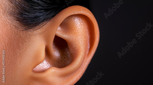 Close up image of a human ear showcasing features and texture of the ear lobe and outer ear. anatomical study revealing aural appendage form skin surface characteristics