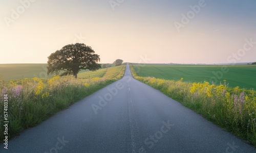 Scenic country road through lush fields and wildflowers