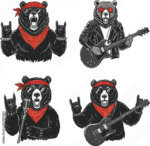 Rock and roll bears set with guitars microphone sunglasses and bandanas