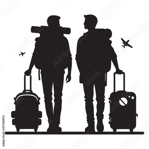 Traveling companions with luggage and backpack, silhouette against the sky with airplanes