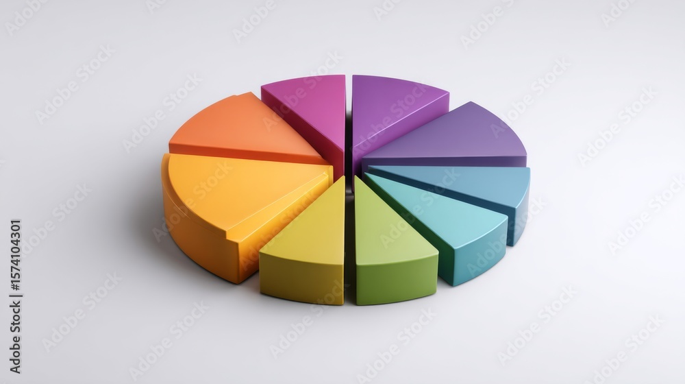 Obraz premium Colorful pie chart segmented into sections on a plain white background, sleek and modern, ideal for data visualization.