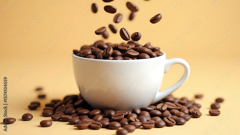 Obraz premium Coffee beans falling into a white cup with a light brown background in a studio setting scene view