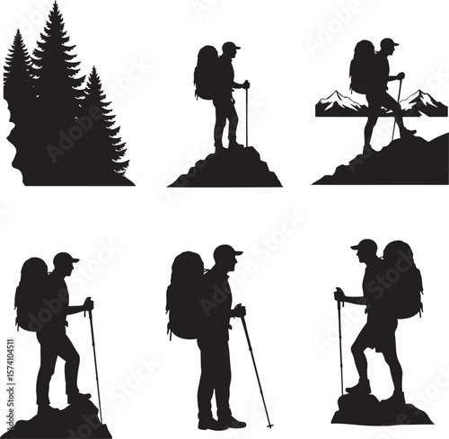 Six silhouette designs of male hikers with backpacks and trekking poles in various outdoor landscapes including mountains and pine trees