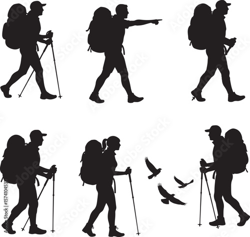 Six hikers with backpacks and trekking poles silhouettes black and white