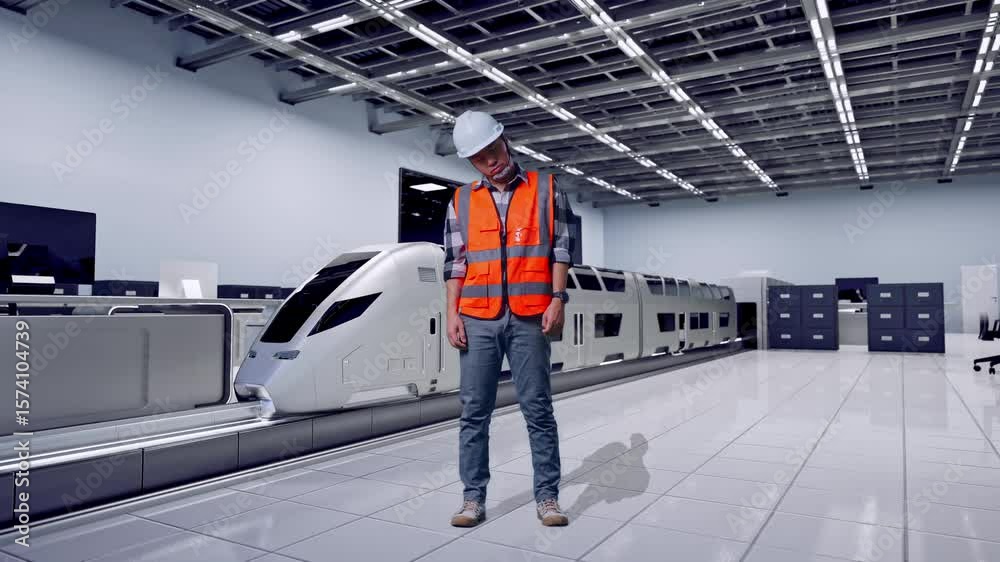 Full Body Of Asian Male Engineer With Safety Helmet Having A Headache While Working, Futuristic High-Speed Train in a Modern Testing Facility
