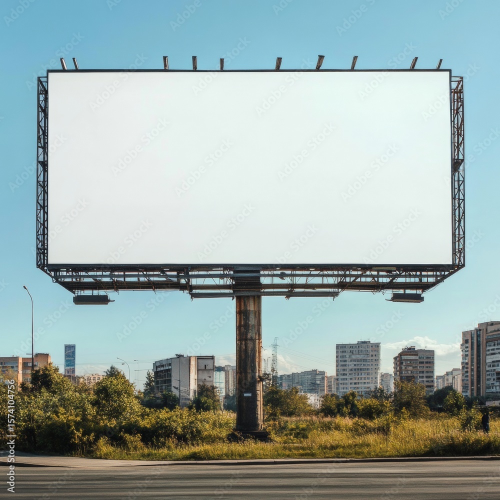 Urban landscape with empty billboard in city surrounded by high-rise buildings and greenery Urban landscape with empty billboard in city surrounded by high-rise buildings and greenery