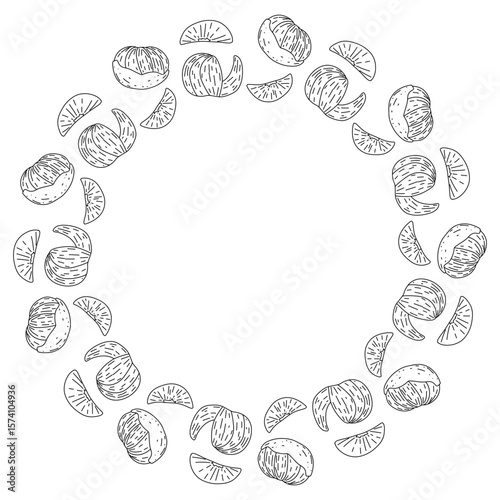 Doodle Christmas frame with tangerine, mandarine citrus slices. Vector hand drawn illustration for holiday packaging, festive labels, winter decor and seasonal design isolated on white with copy space