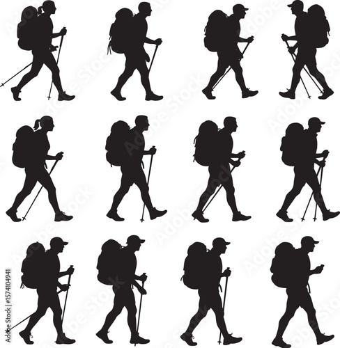 Twelve diverse hikers with backpacks and poles walking in silhouette against a white background