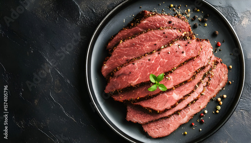 Sliced beef pastrami on plate on black table.