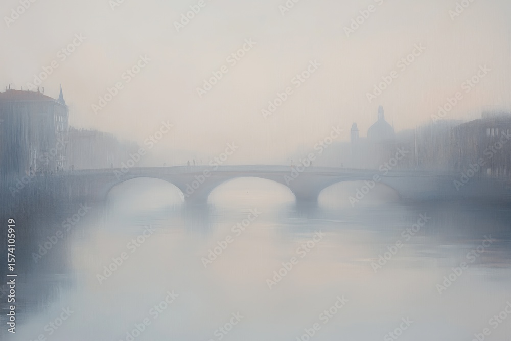 Fototapeta premium Empty arched stone bridge spanning calm river with faint silhouettes of people walking in distance, historic city buildings and domed structure visible through heavy morning fog