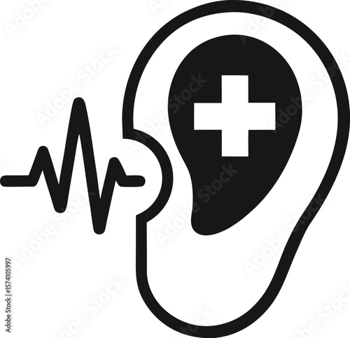 Ear with a medical cross and pulse line symbol inside